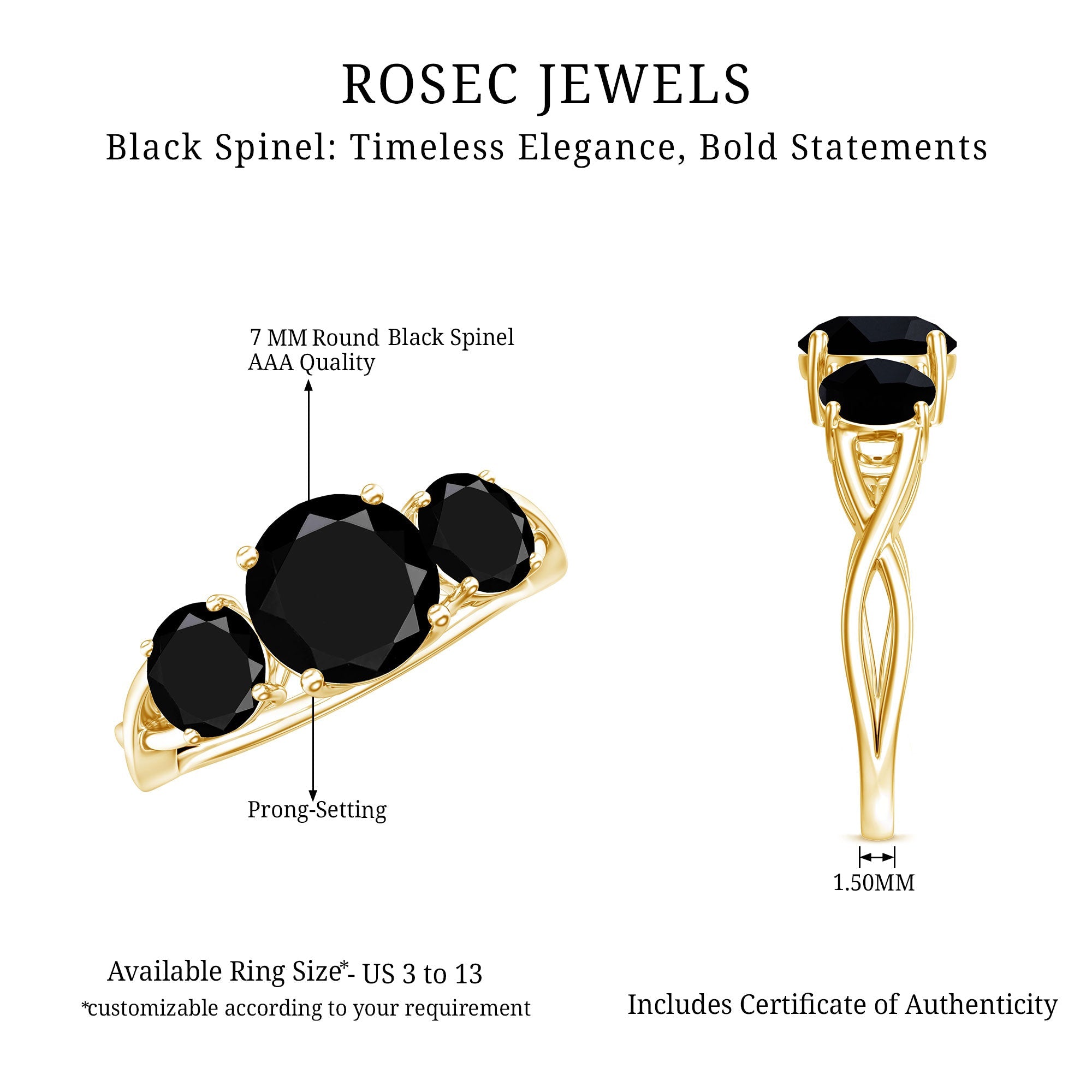 Natural Black Spinel 3 Stone Engagement Ring for Women
