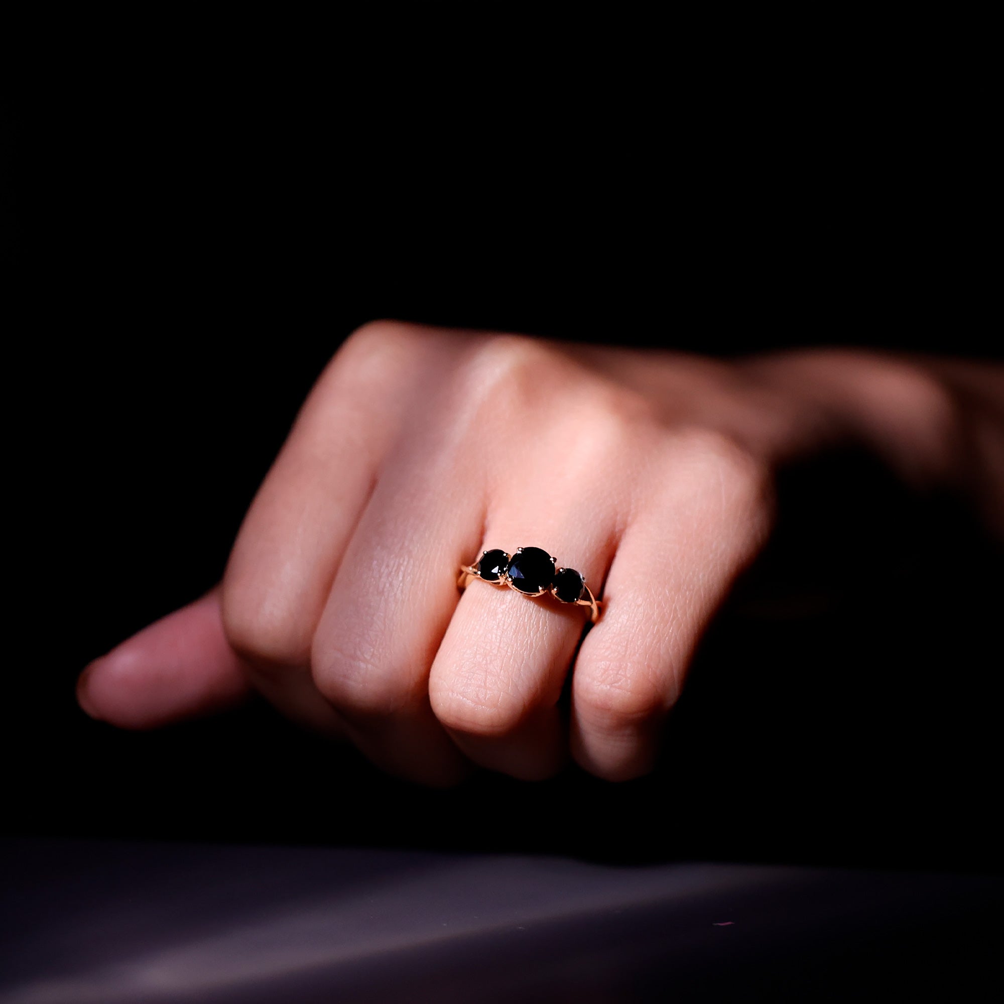 Natural Black Spinel 3 Stone Engagement Ring for Women