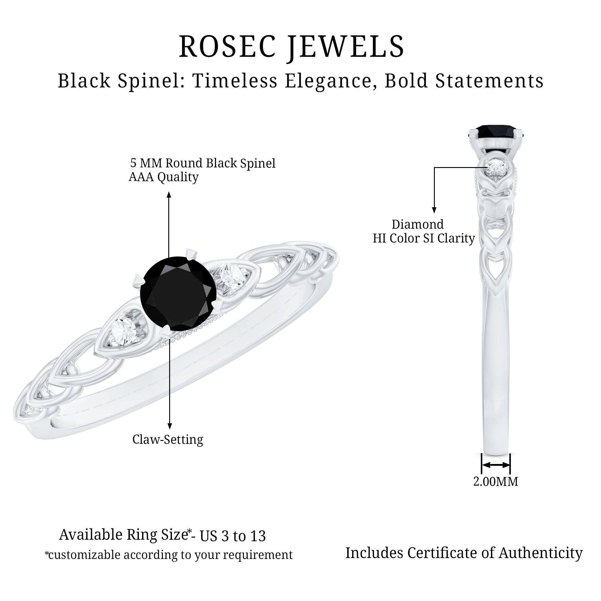 Natural Black Spinel Diamond Promise Ring with Certificate