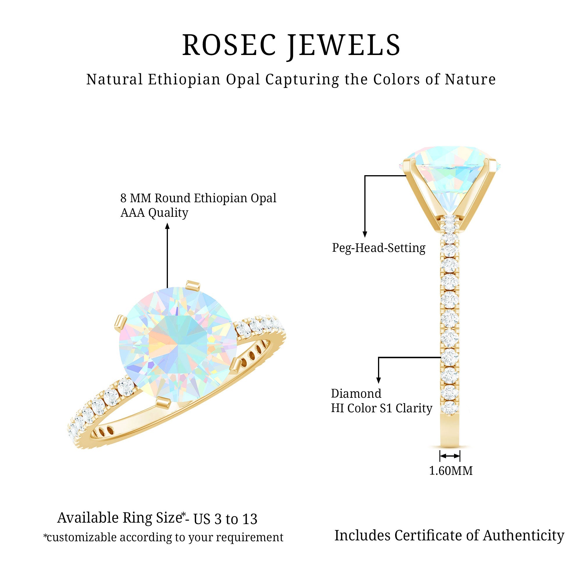 Natural 8mm Ethiopian Rainbow Opal Diamond Engagement Ring with Certificate