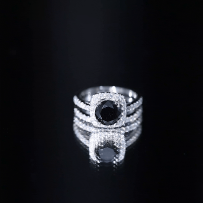 Natural Black Spinel Wedding Bridal Ring Set with Moissanite