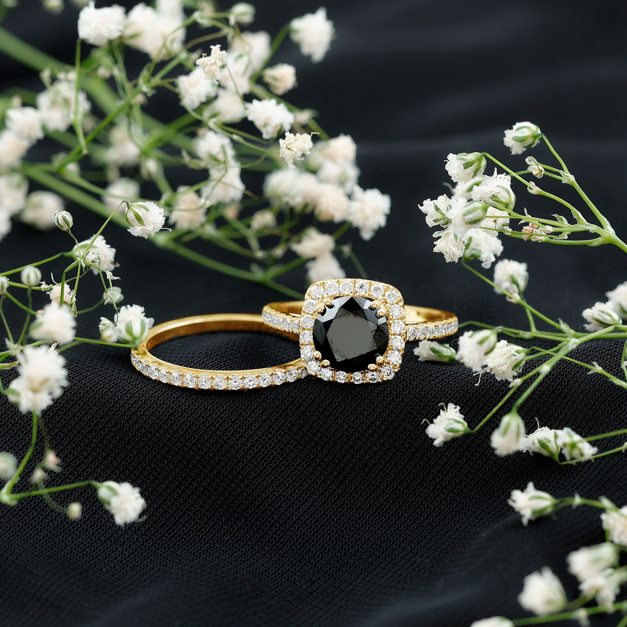 Natural Black Spinel Wedding Bridal Ring Set with Moissanite