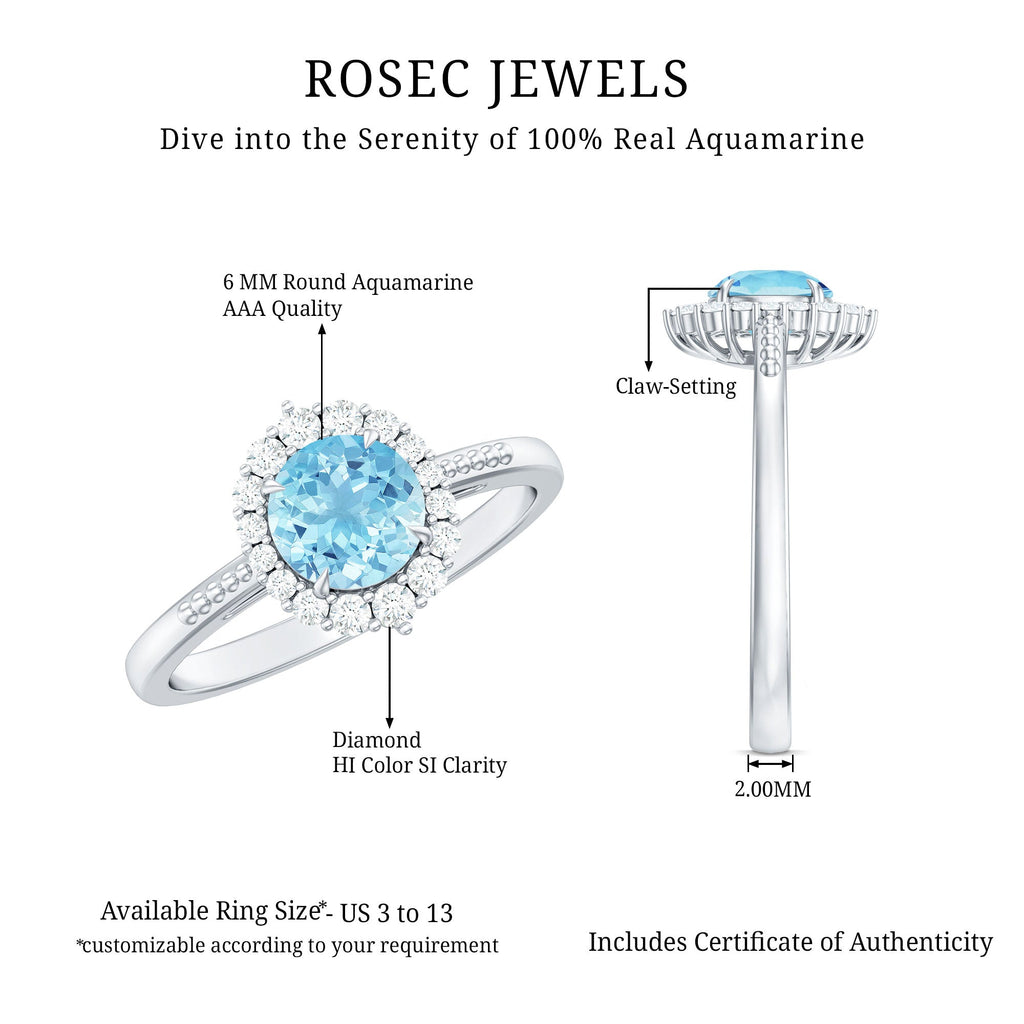 Natural Aquamarine Engagement Ring with Diamond Halo