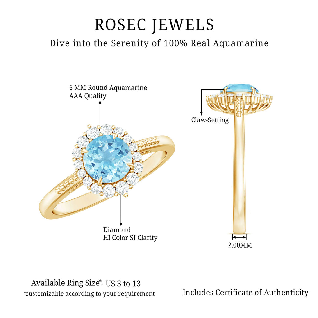 Natural Aquamarine Engagement Ring with Diamond Halo