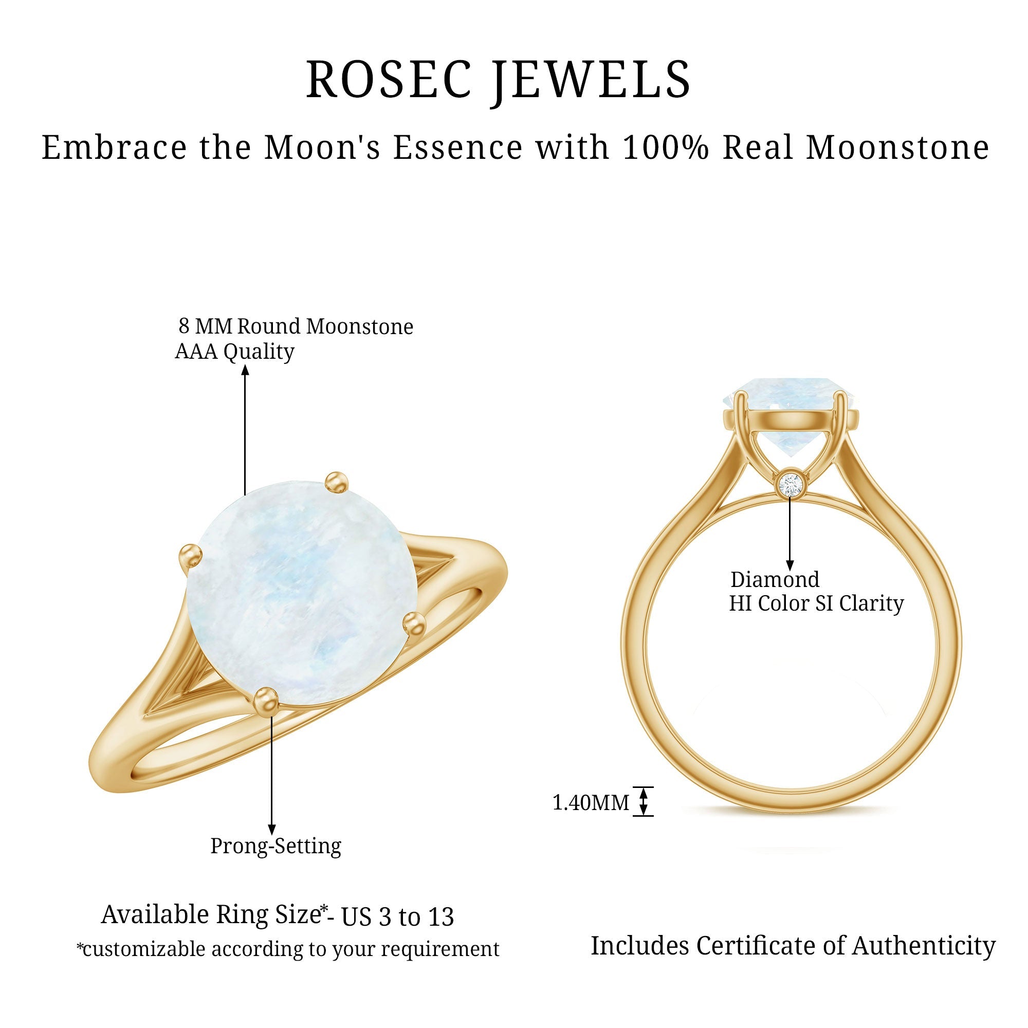 1 CT Natural Moonstone Solitaire Ring with Surprise Diamond
