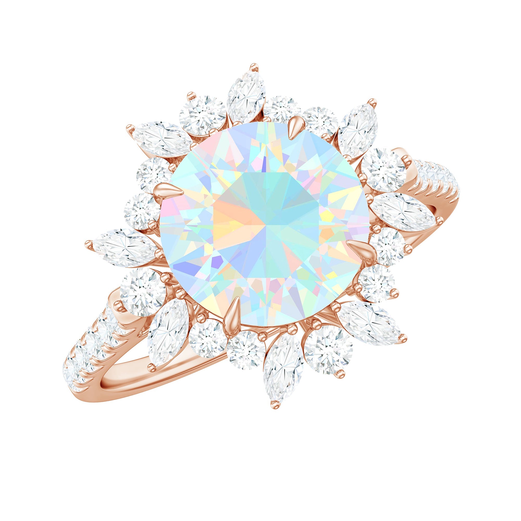 Natural 8mm Opalescent Halo Engagement Ring with Side Stones