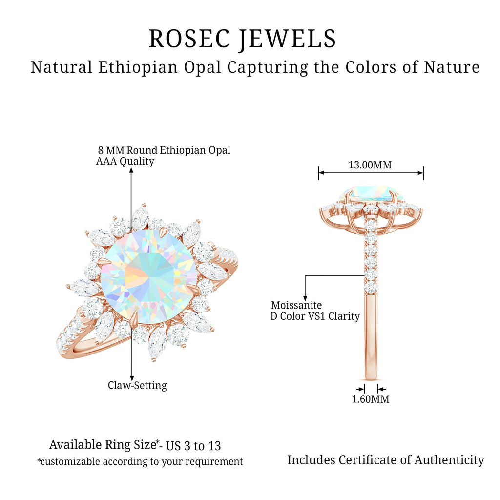 Natural 8mm Opalescent Halo Engagement Ring with Side Stones
