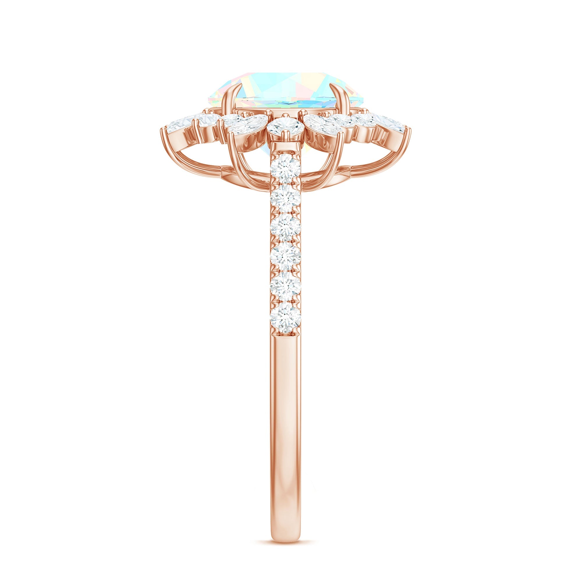 Natural 8mm Opalescent Halo Engagement Ring with Side Stones