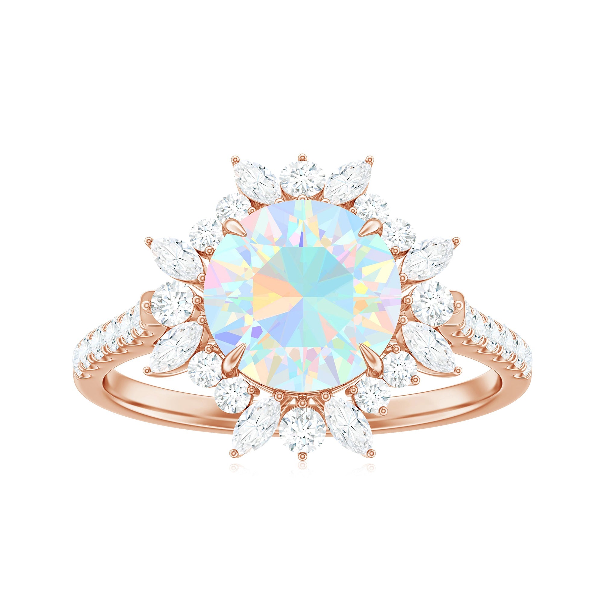 Natural 8mm Opalescent Halo Engagement Ring with Side Stones