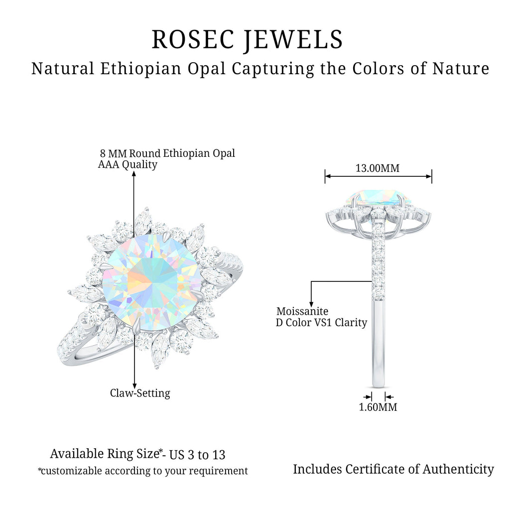 Natural 8mm Opalescent Halo Engagement Ring with Side Stones