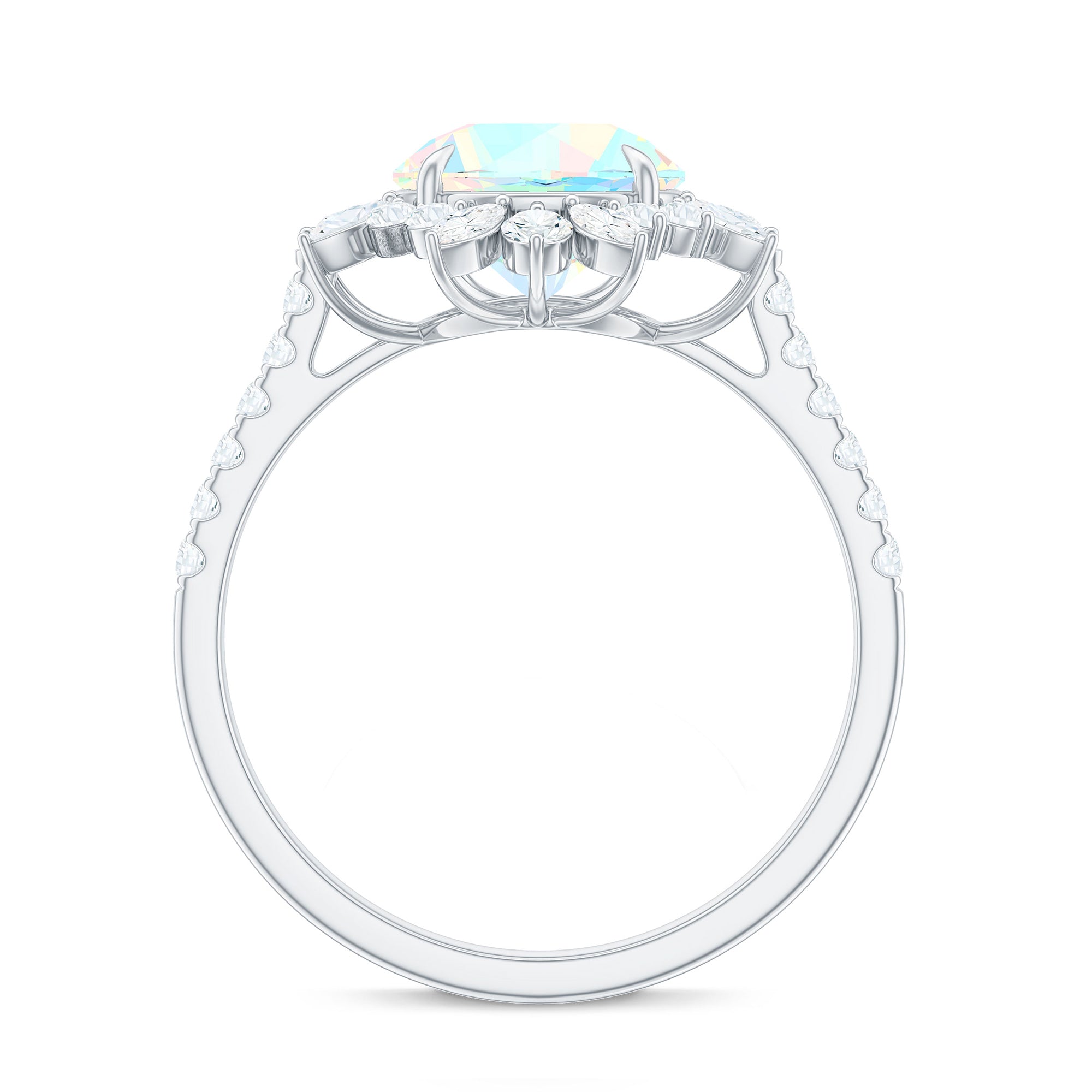 Natural 8mm Opalescent Halo Engagement Ring with Side Stones