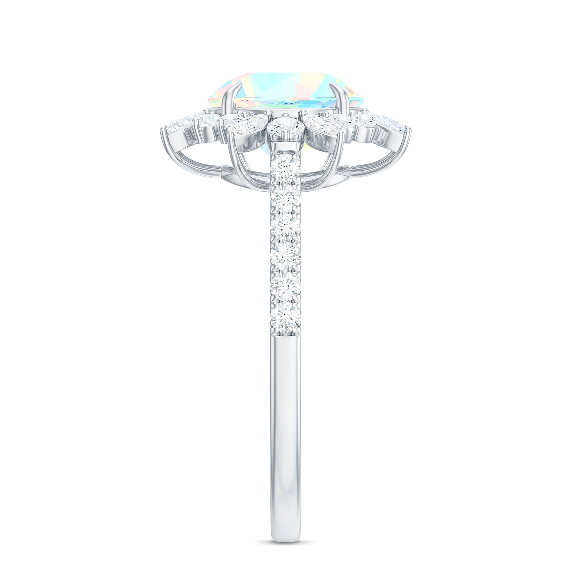 Natural 8mm Opalescent Halo Engagement Ring with Side Stones