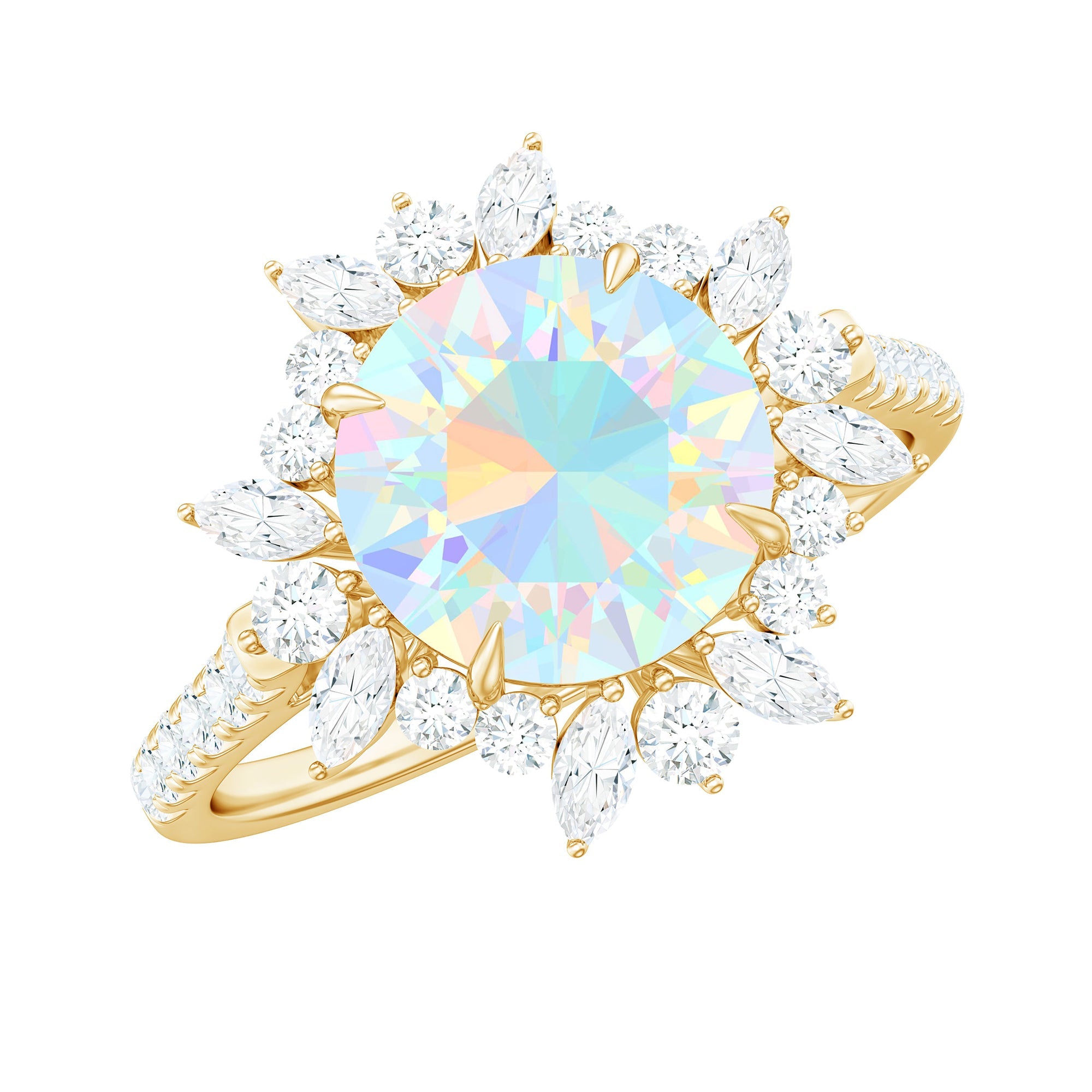 Natural 8mm Opalescent Halo Engagement Ring with Side Stones