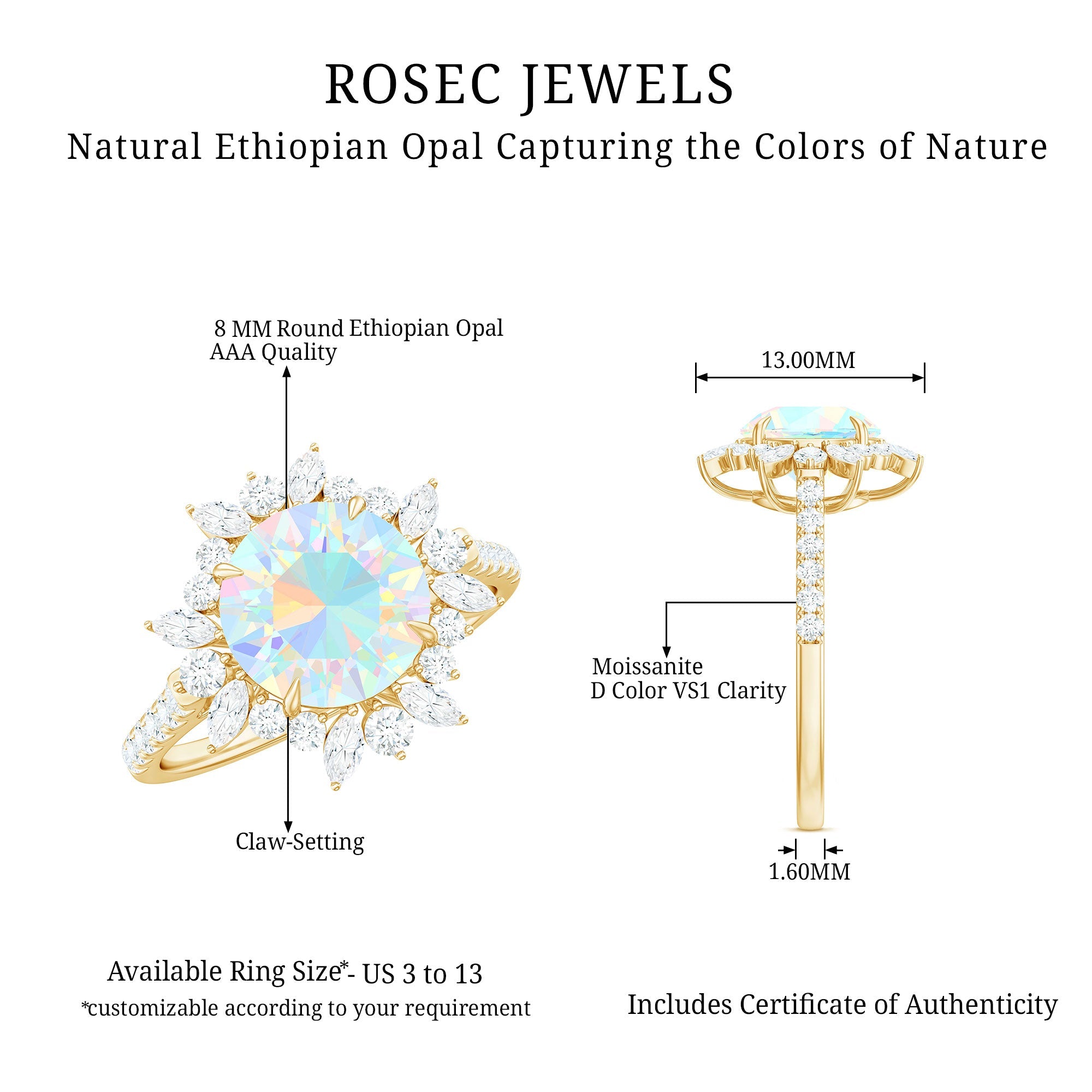 Natural 8mm Opalescent Halo Engagement Ring with Side Stones