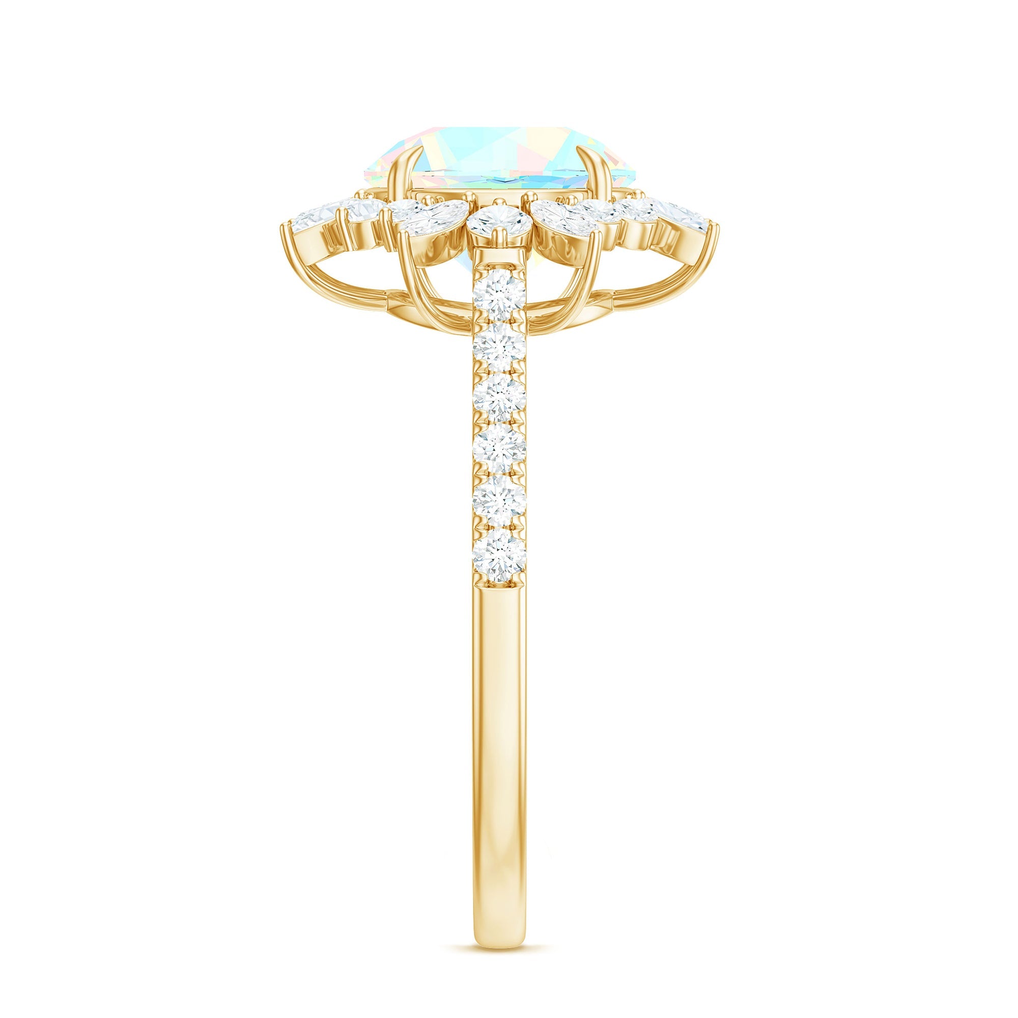 Natural 8mm Opalescent Halo Engagement Ring with Side Stones