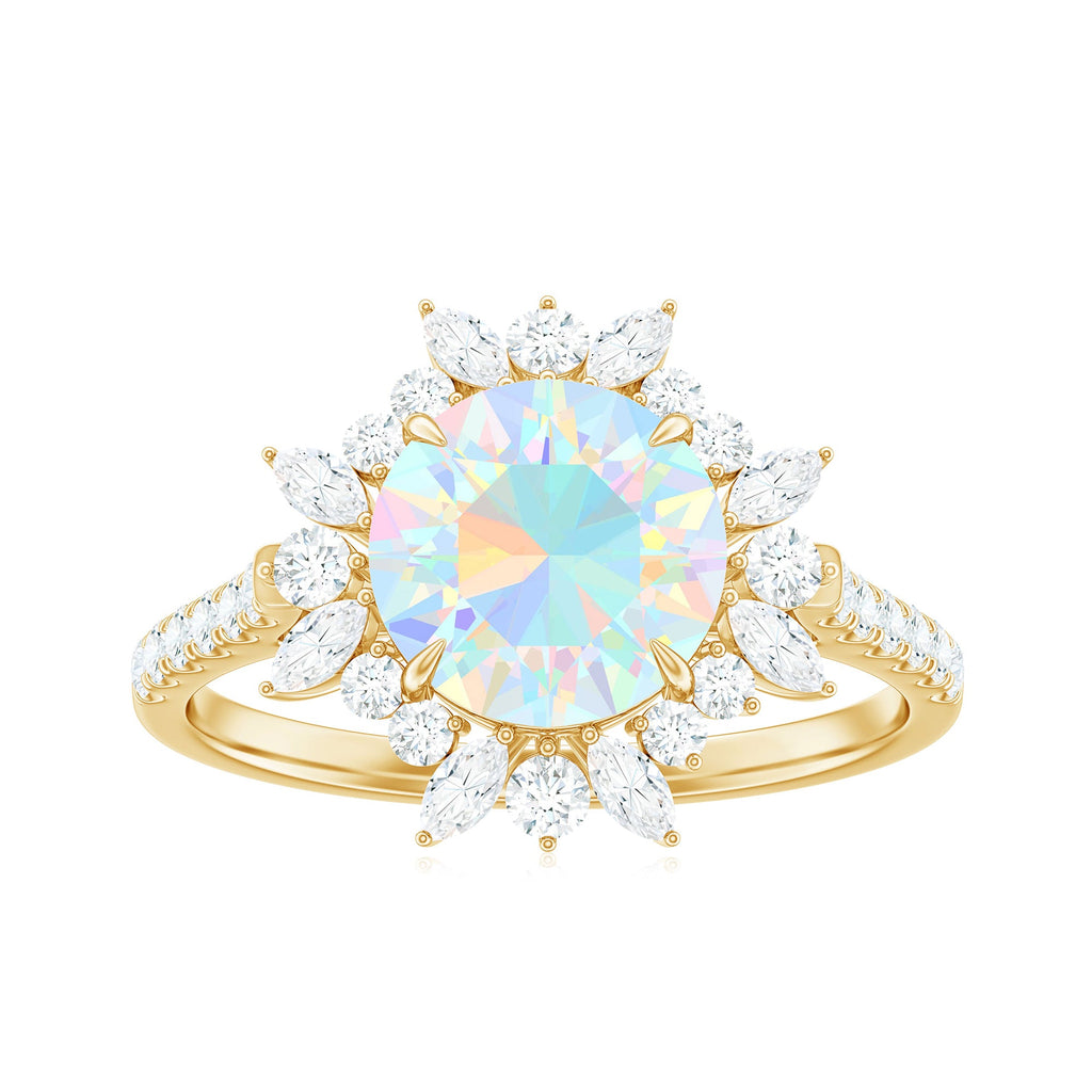 Natural 8mm Opalescent Halo Engagement Ring with Side Stones