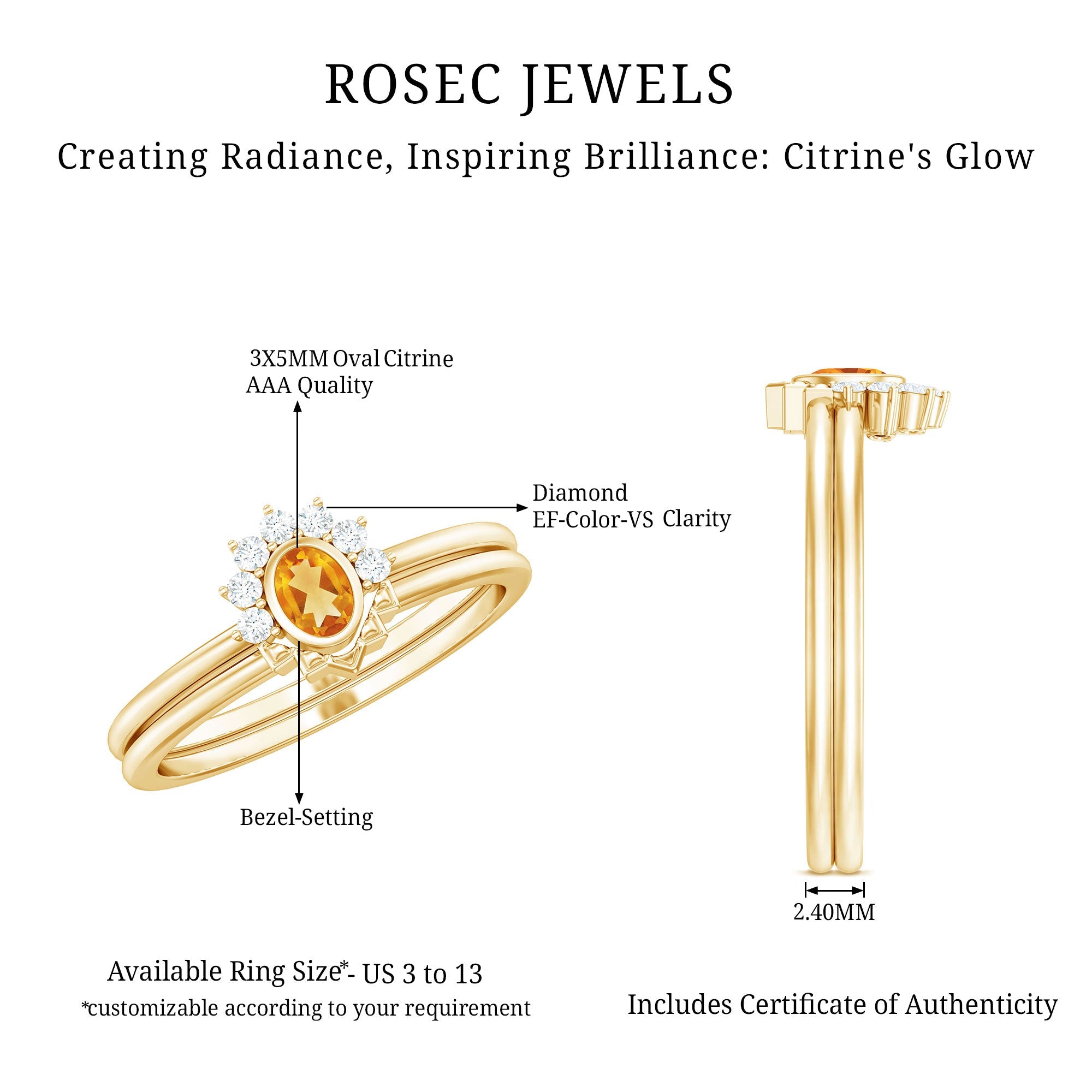 Natural Oval Citrine Promise Ring Set with Diamond