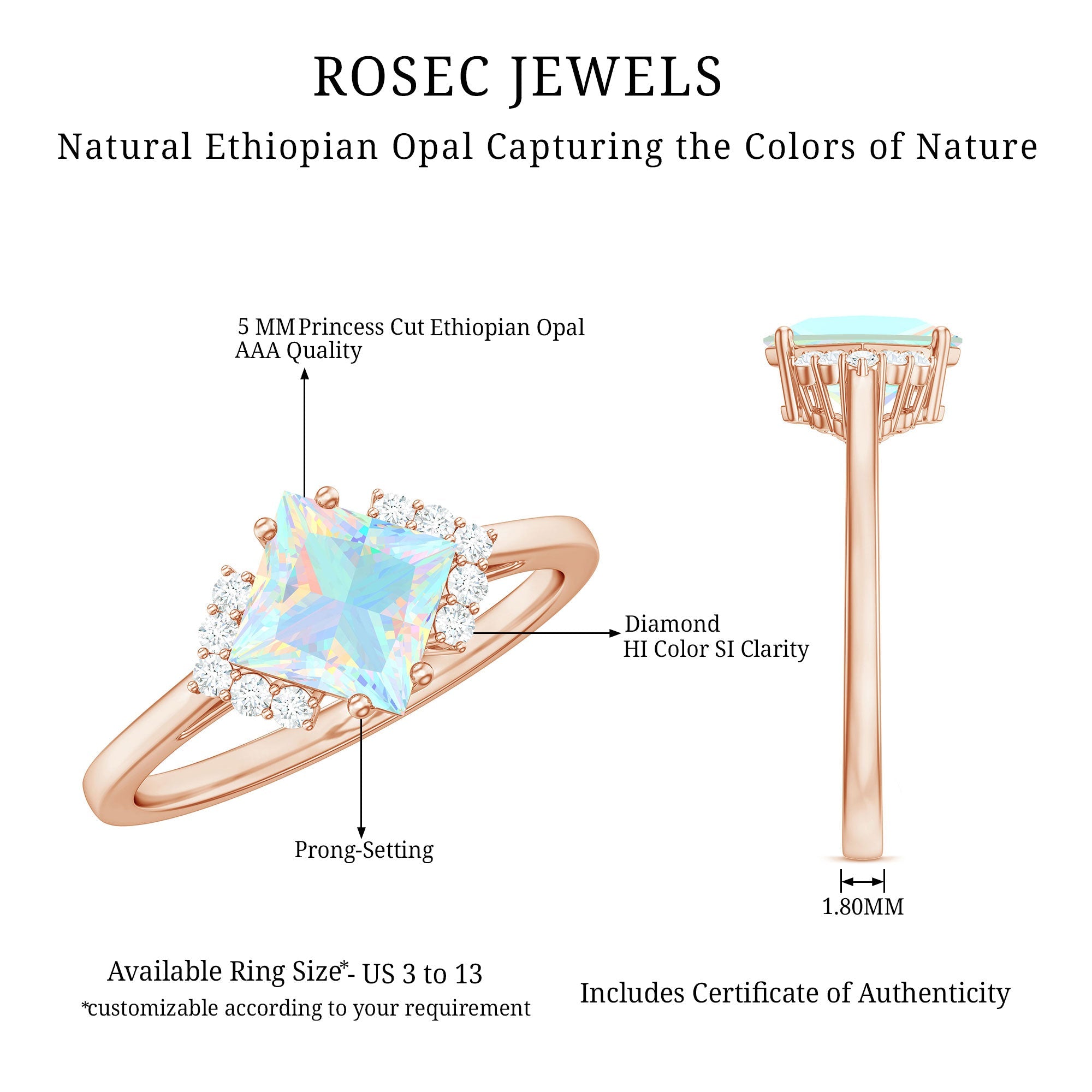 Natural Ethiopian Opal Princess Cut Engagement Ring with Diamond