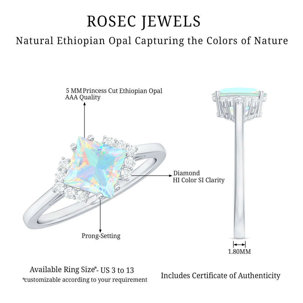 Natural Ethiopian Opal Princess Cut Engagement Ring with Diamond