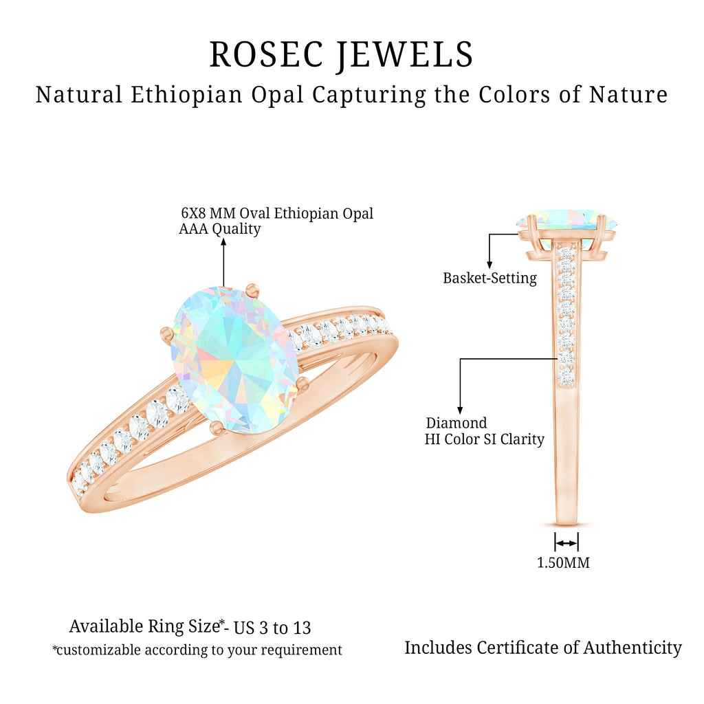 Natural 6X8mm Ethiopian Opal Oval Engagement Ring with Diamond Side Stones