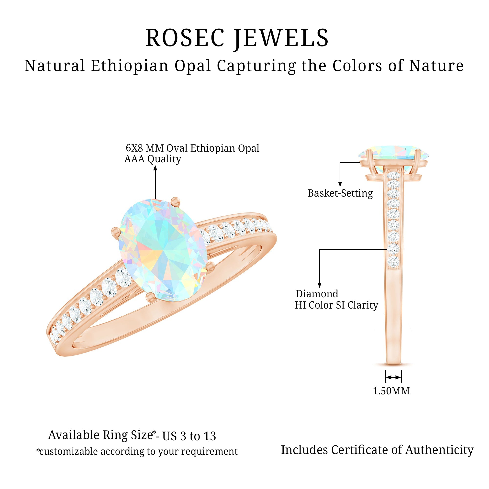 Natural 6X8mm Ethiopian Opal Oval Engagement Ring with Diamond Side Stones