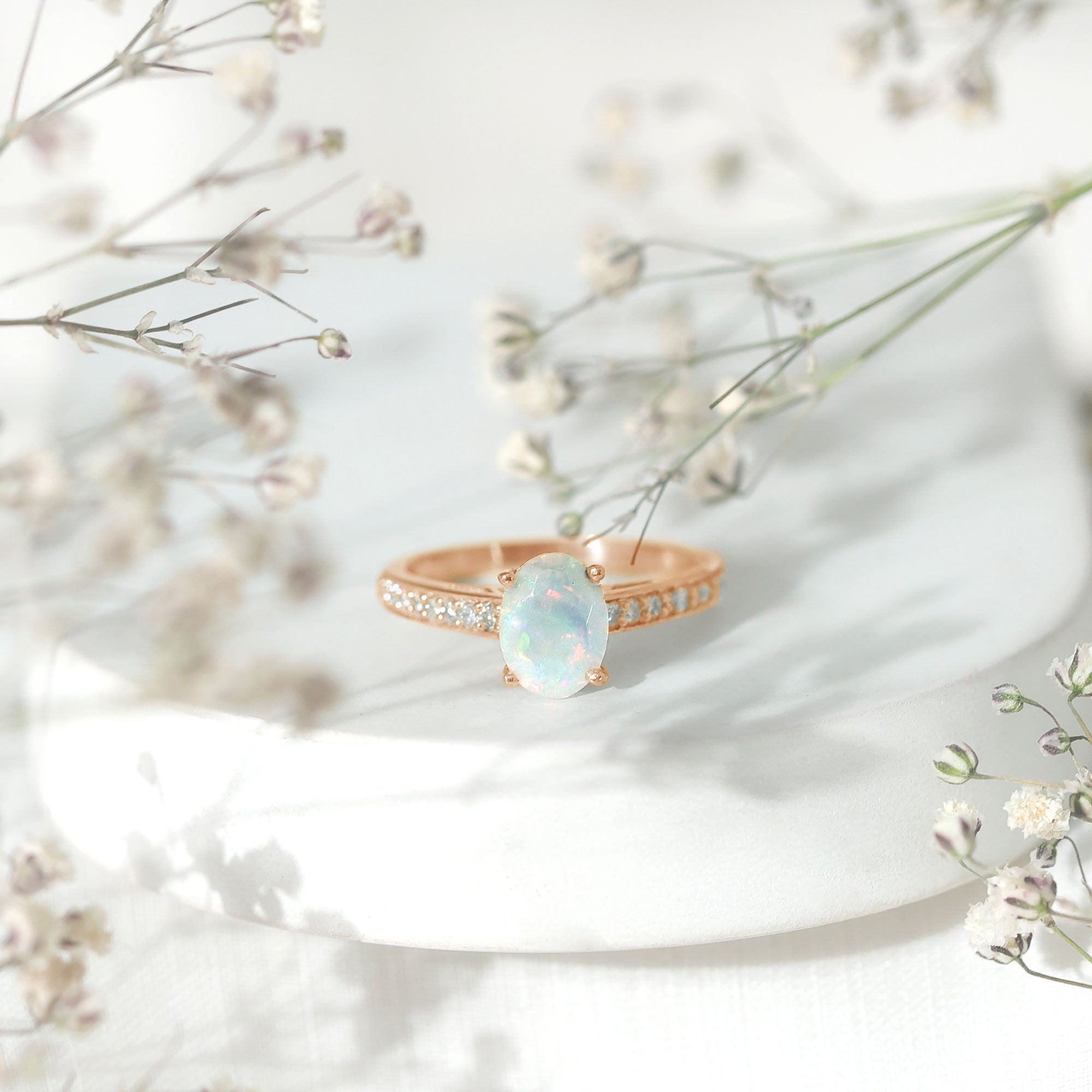 Natural 6X8mm Ethiopian Opal Oval Engagement Ring with Diamond Side Stones