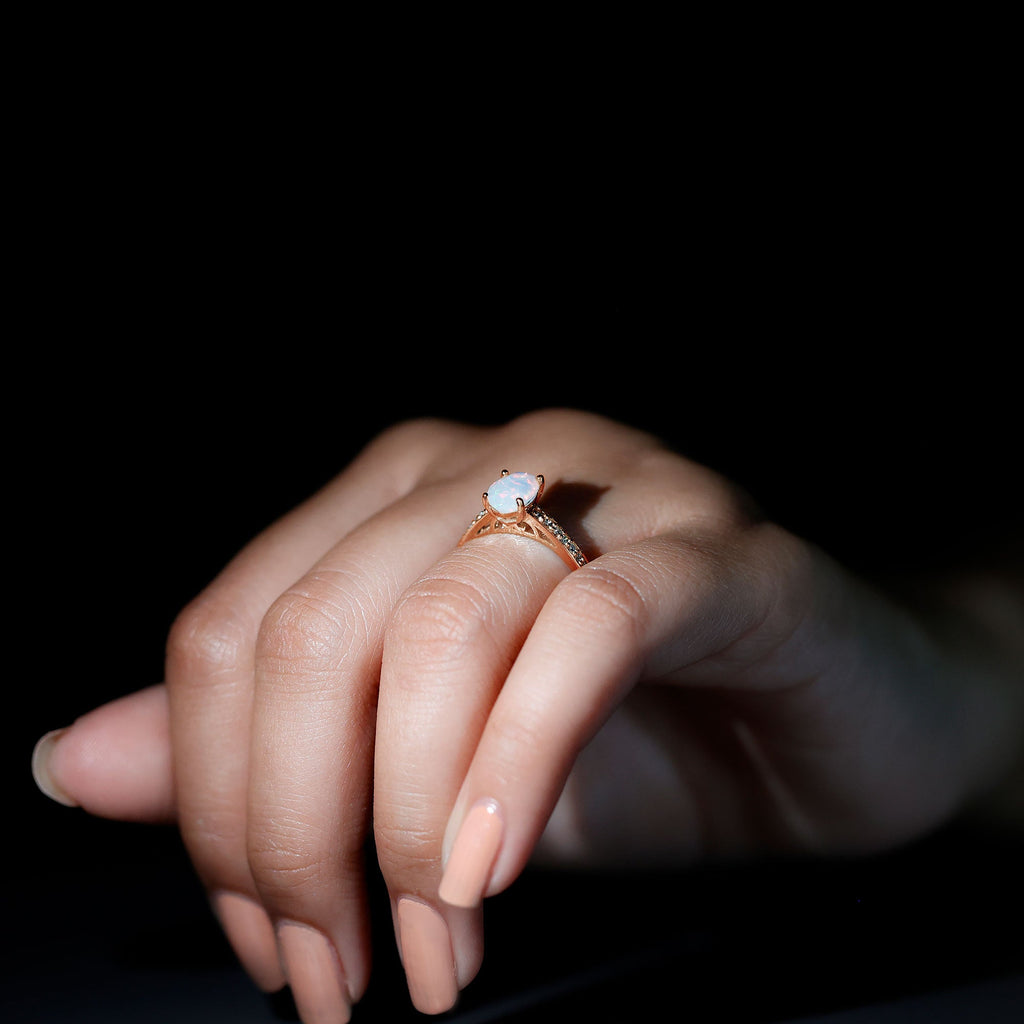 Natural 6X8mm Ethiopian Opal Oval Engagement Ring with Diamond Side Stones