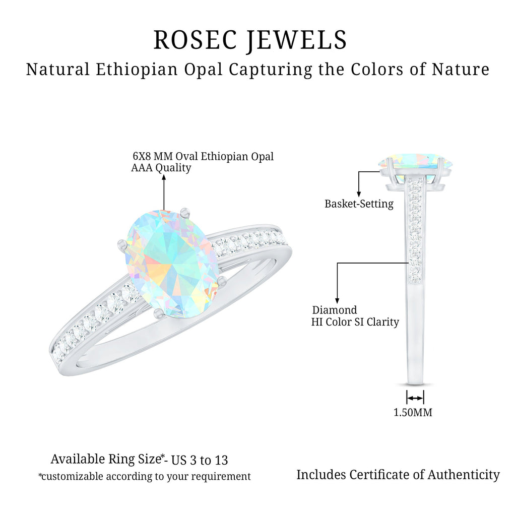 Natural 6X8mm Ethiopian Opal Oval Engagement Ring with Diamond Side Stones