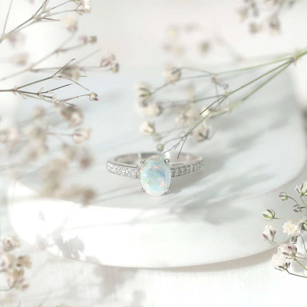 Natural 6X8mm Ethiopian Opal Oval Engagement Ring with Diamond Side Stones