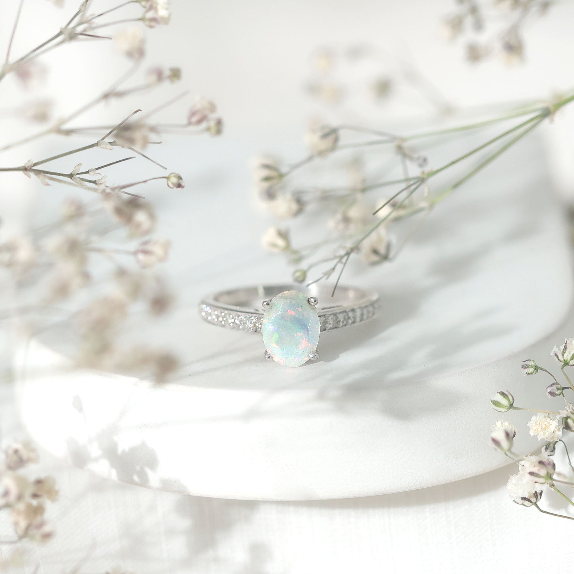 Natural 6X8mm Ethiopian Opal Oval Engagement Ring with Diamond Side Stones