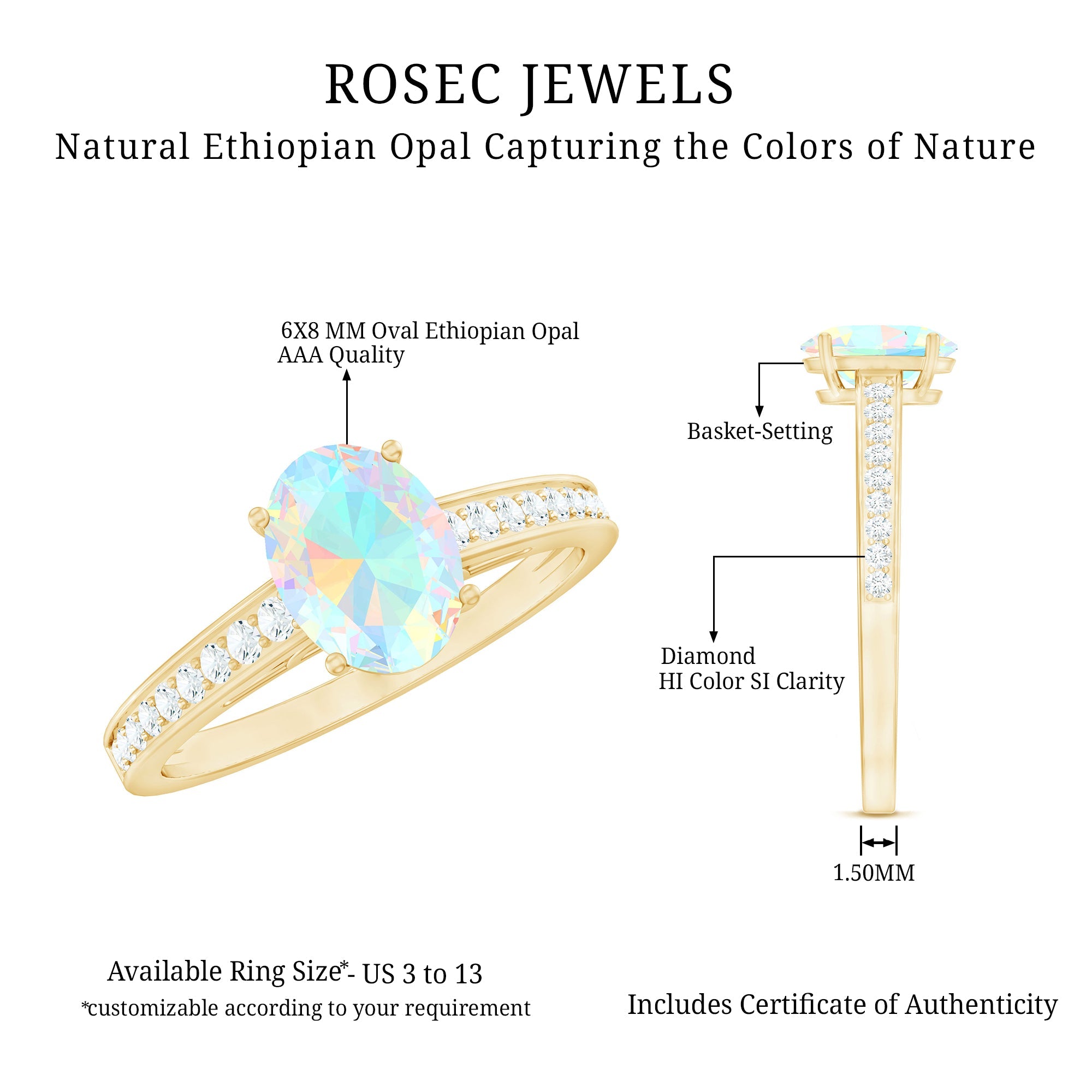 Natural 6X8mm Ethiopian Opal Oval Engagement Ring with Diamond Side Stones