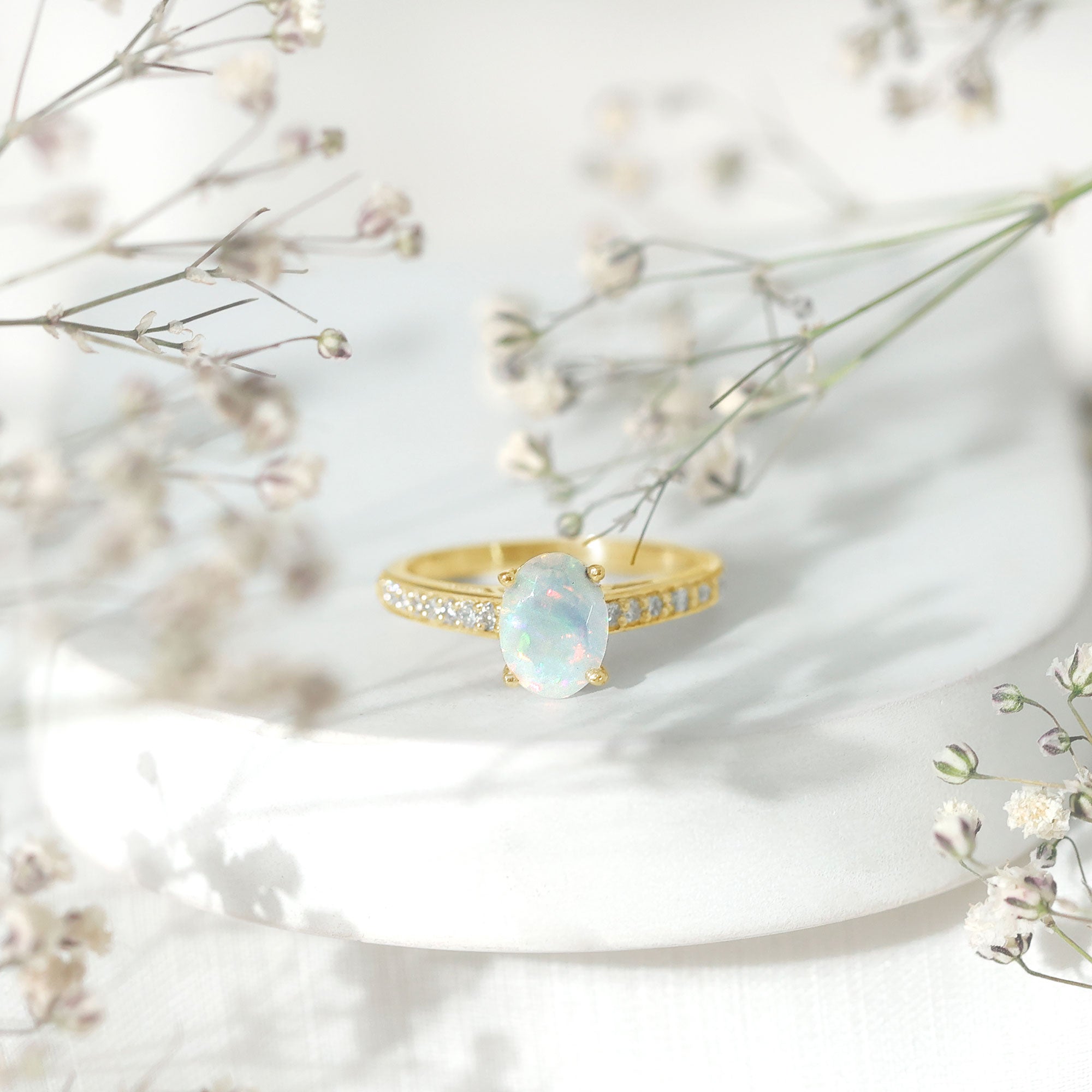 Natural 6X8mm Ethiopian Opal Oval Engagement Ring with Diamond Side Stones