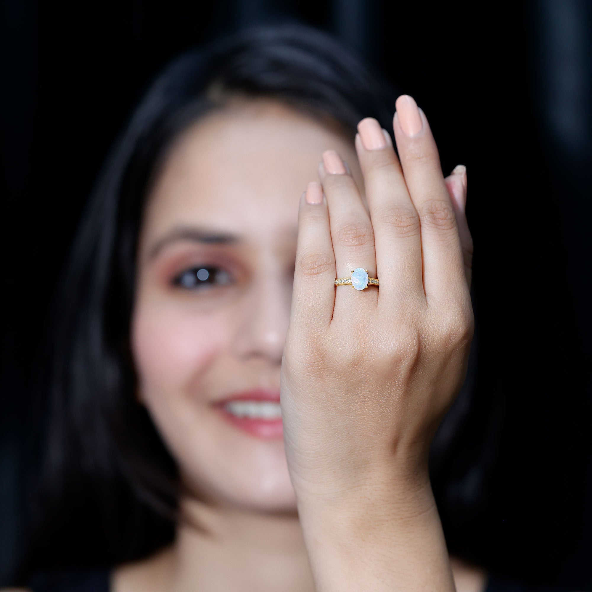 Natural 6X8mm Ethiopian Opal Oval Engagement Ring with Diamond Side Stones