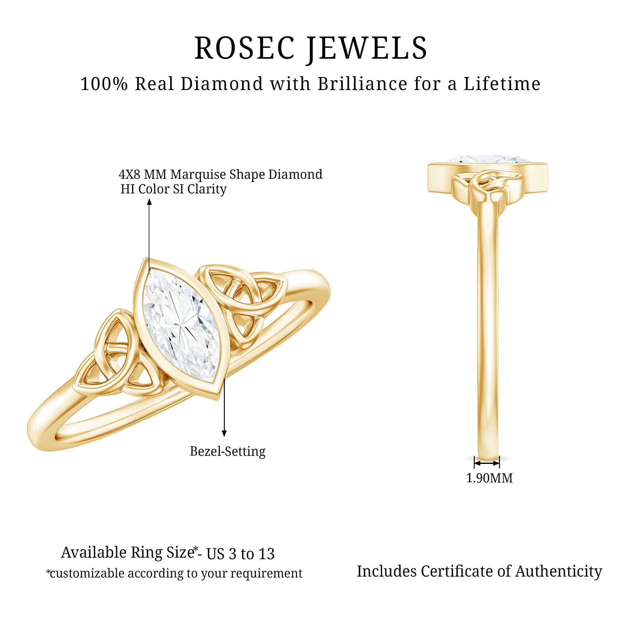 Natural Bezel Set Marquise Diamond Engagement Ring with Celtic Knot