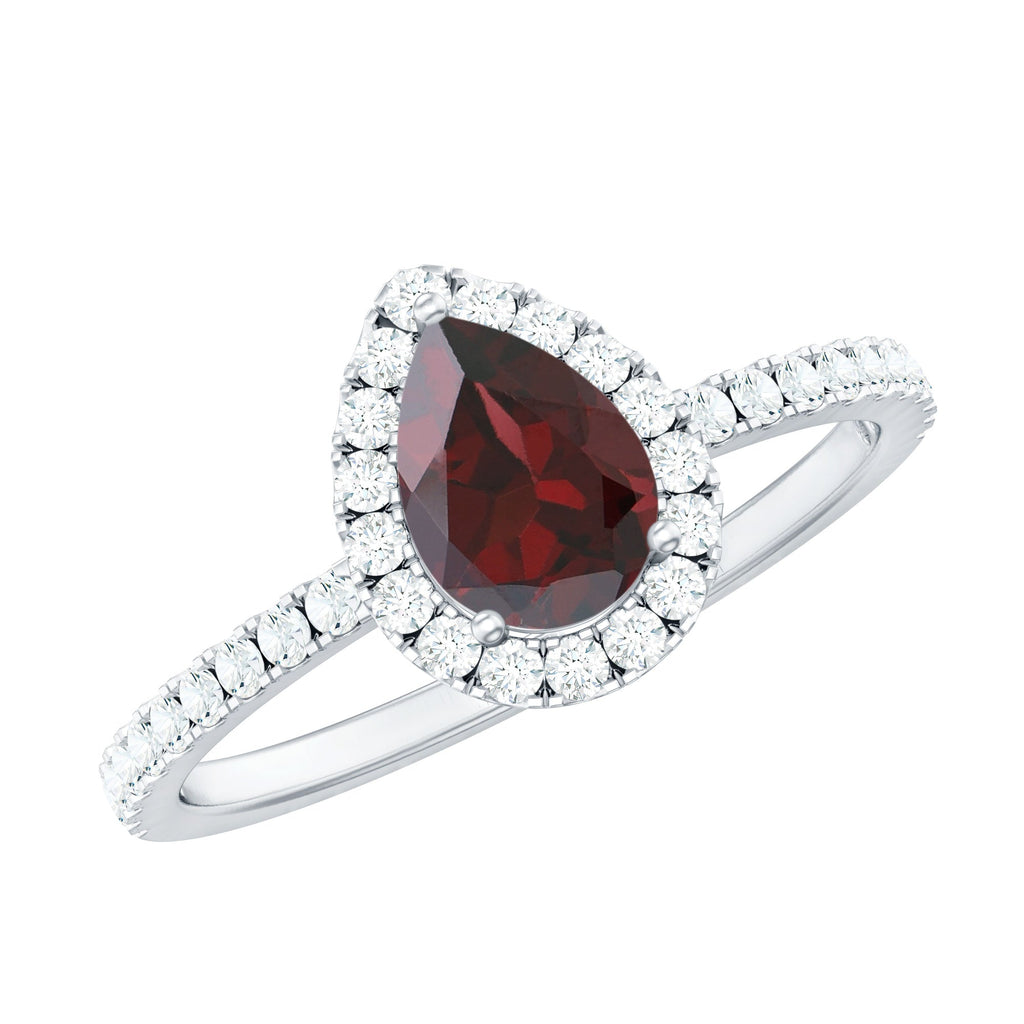 Natural 5X7mm Garnet Teardrop Engagement Ring with Diamond Halo