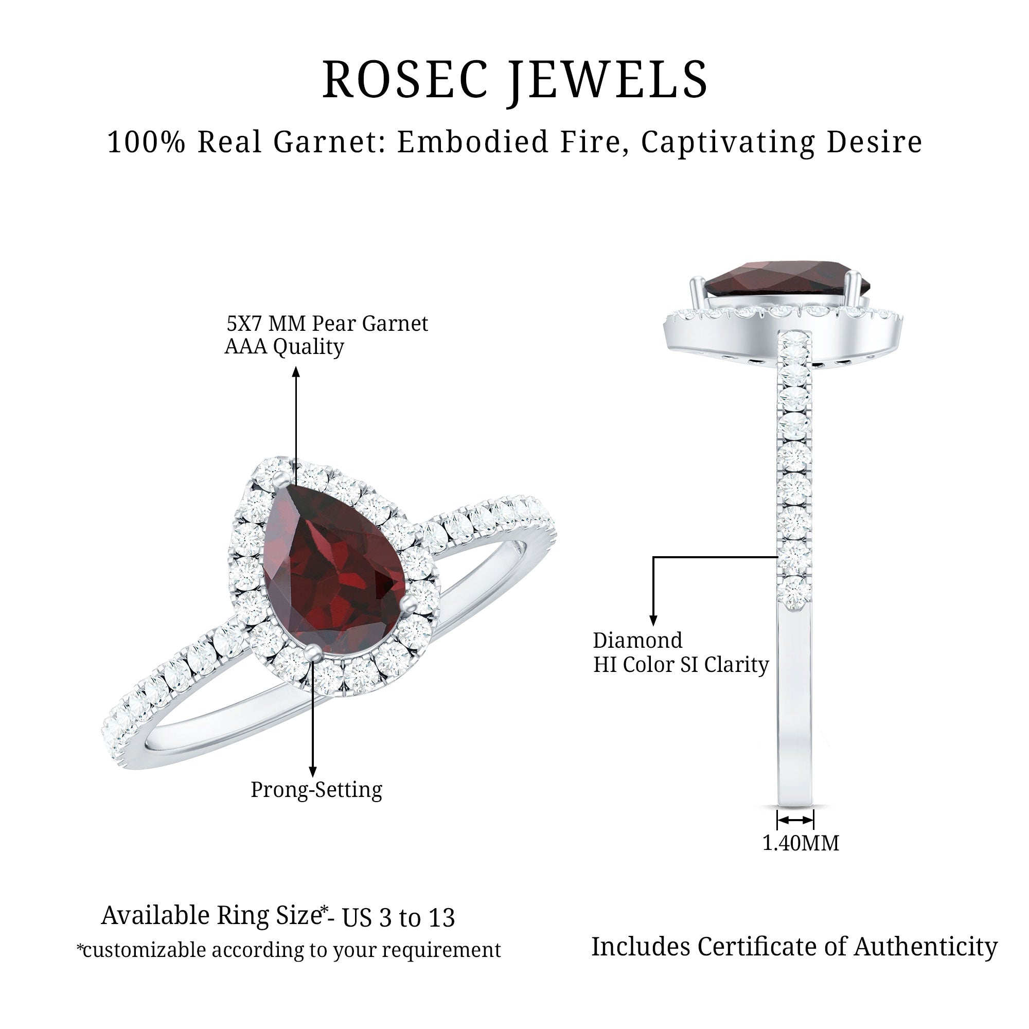 Natural 5X7mm Garnet Teardrop Engagement Ring with Diamond Halo
