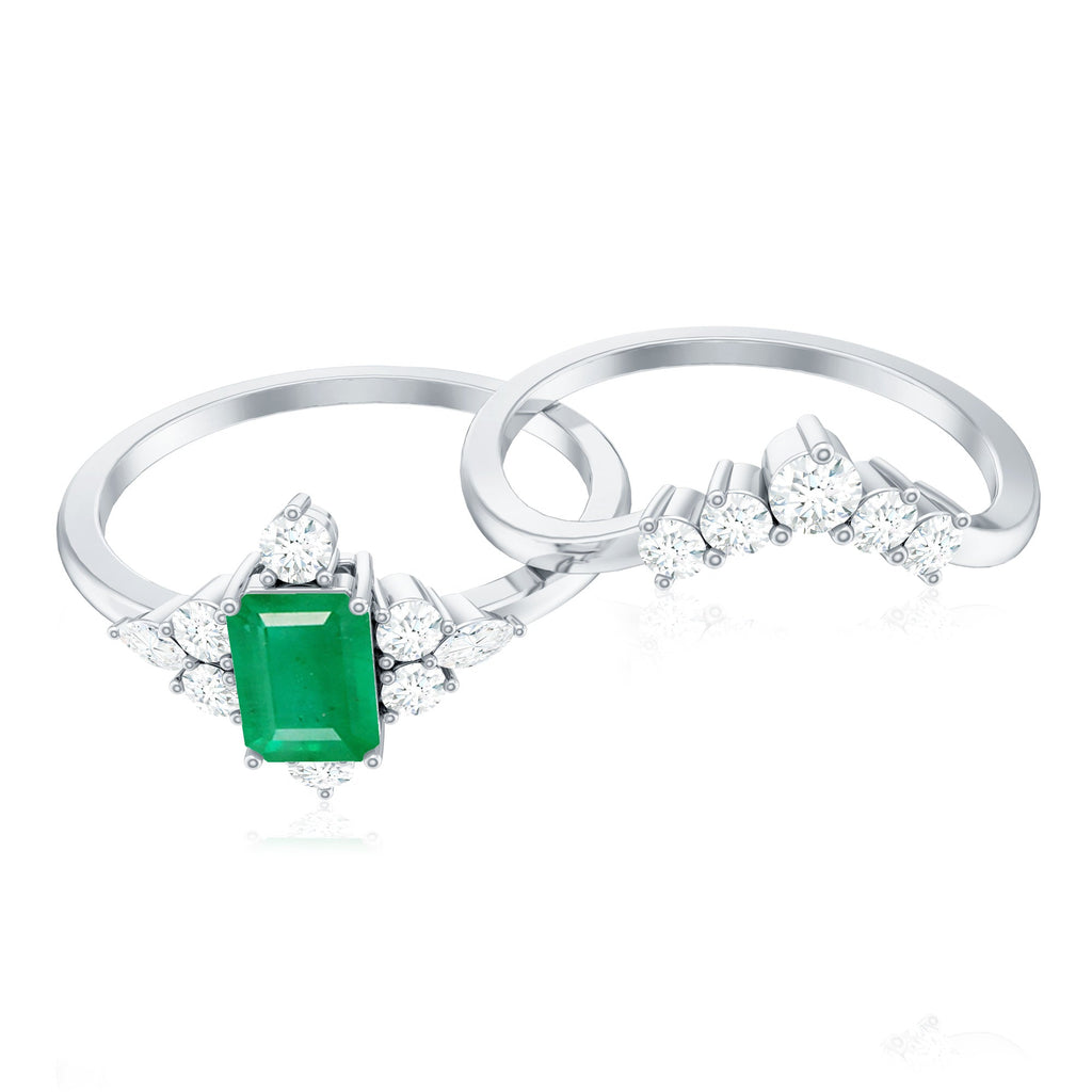 Natural Emerald Diamond Emerald Cut Engagement Ring and Wedding Band Set