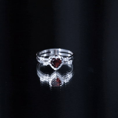 Natural Heart Shaped Garnet Diamond Double Band Engagement Ring