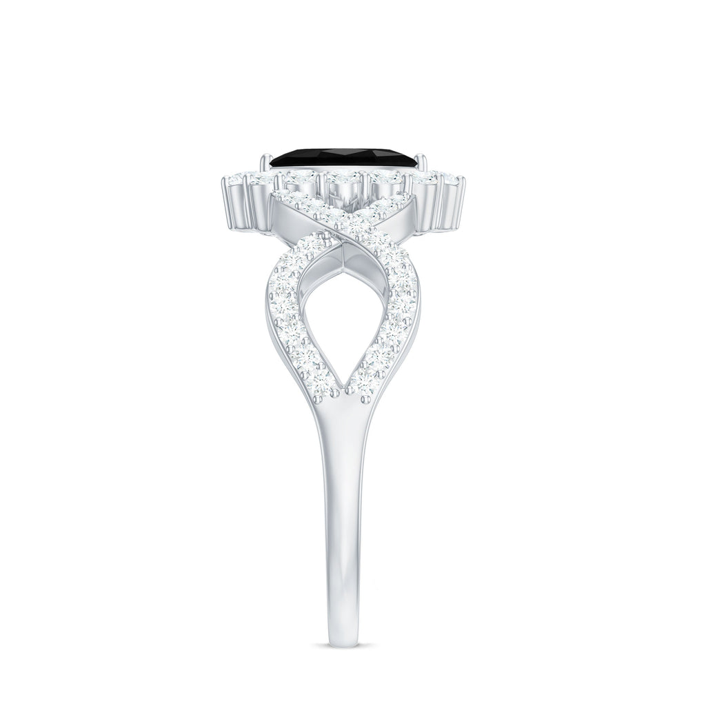 Natural Marquise Black Spinel Engagement Ring with Diamond Crossover Shank