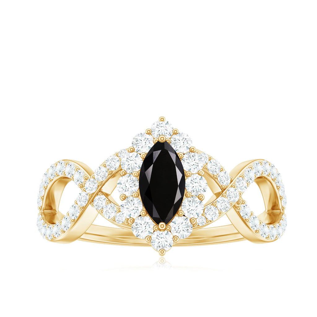 Natural Marquise Black Spinel Engagement Ring with Diamond Crossover Shank