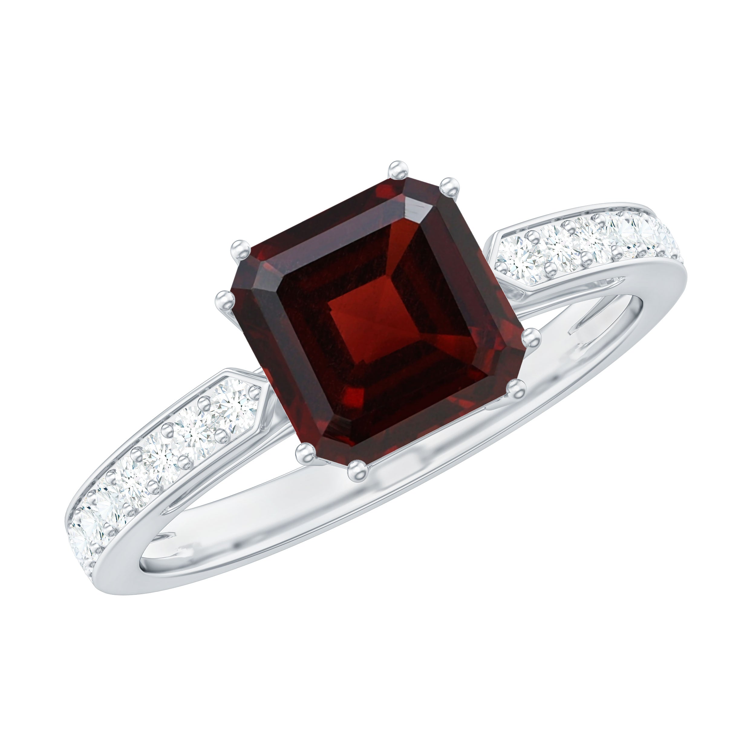 Natural Garnet 8 mm Asscher Cut Engagement Ring with Diamond