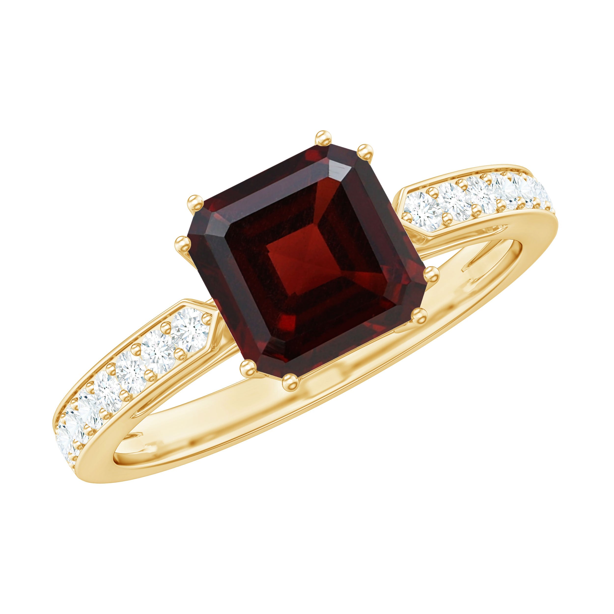 Natural Garnet 8 mm Asscher Cut Engagement Ring with Diamond