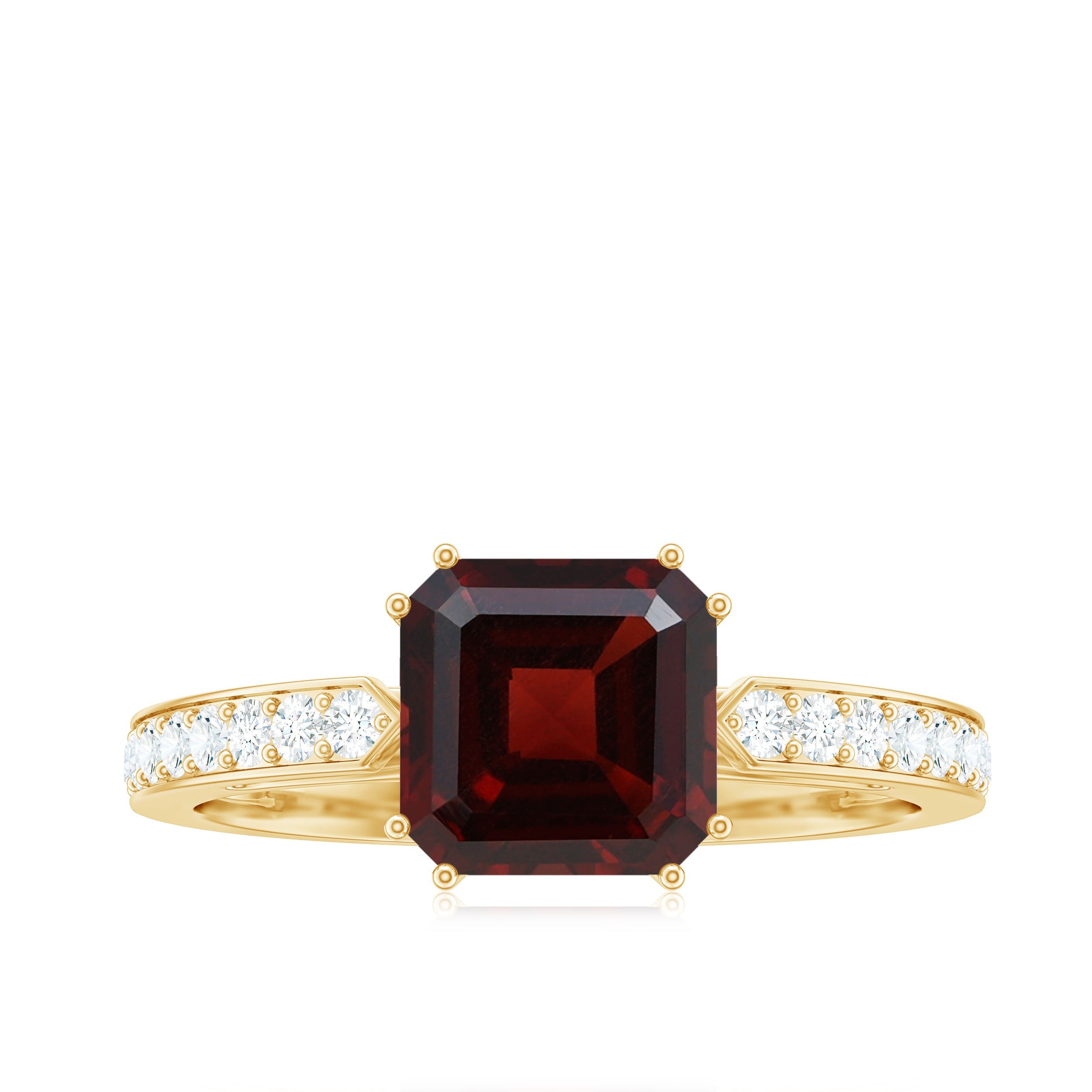 Natural Garnet 8 mm Asscher Cut Engagement Ring with Diamond