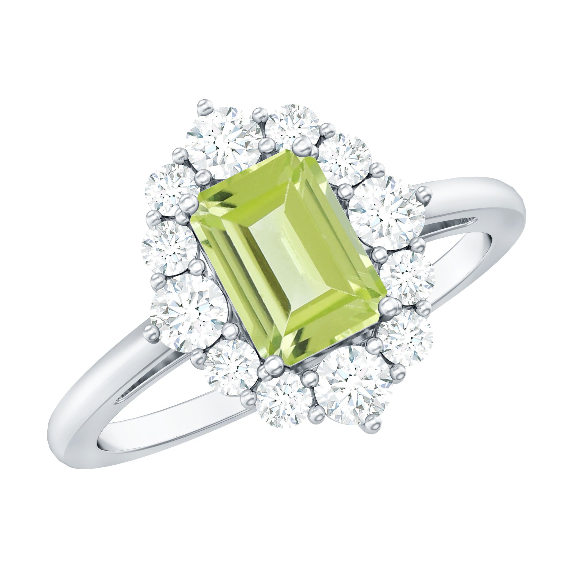 Natural 1.8 Carat Peridot Emerald Cut Engagement Ring with Halo