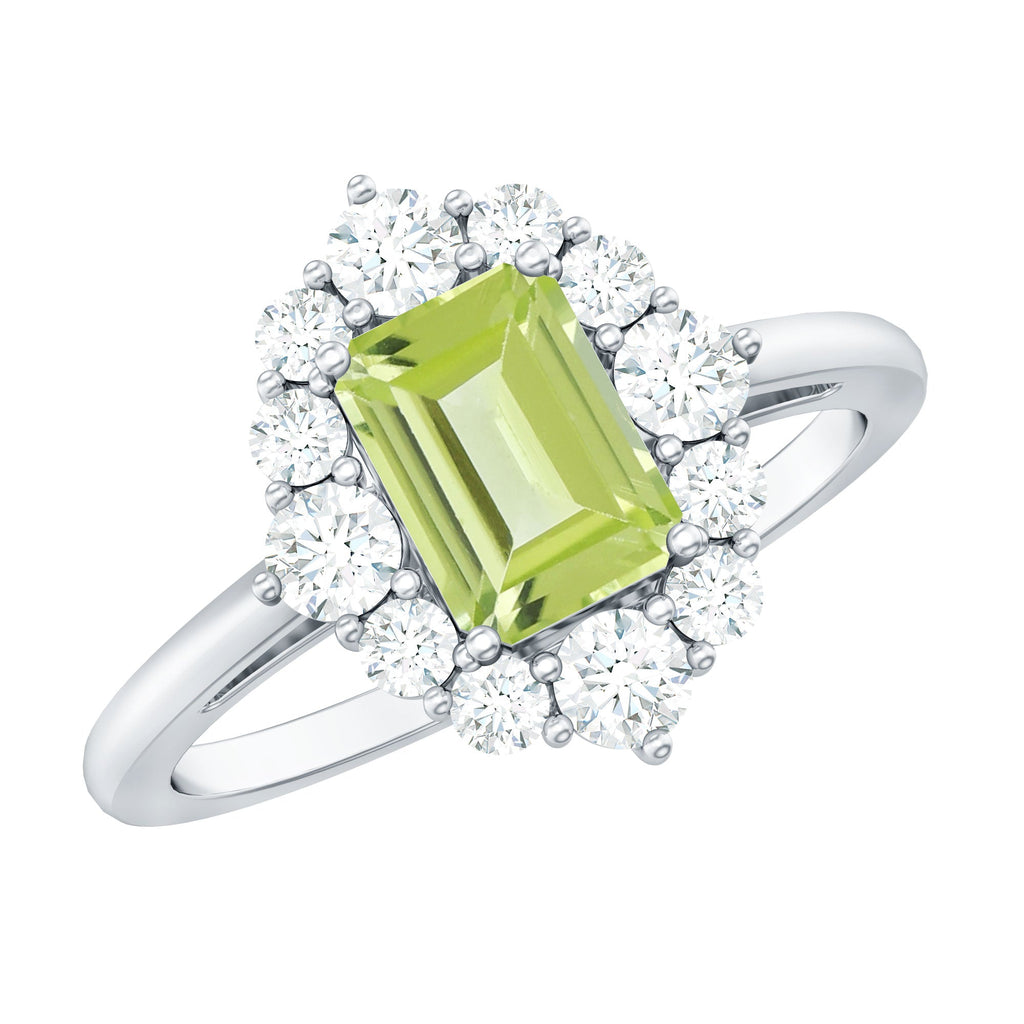 Natural 1.8 Carat Peridot Emerald Cut Engagement Ring with Halo