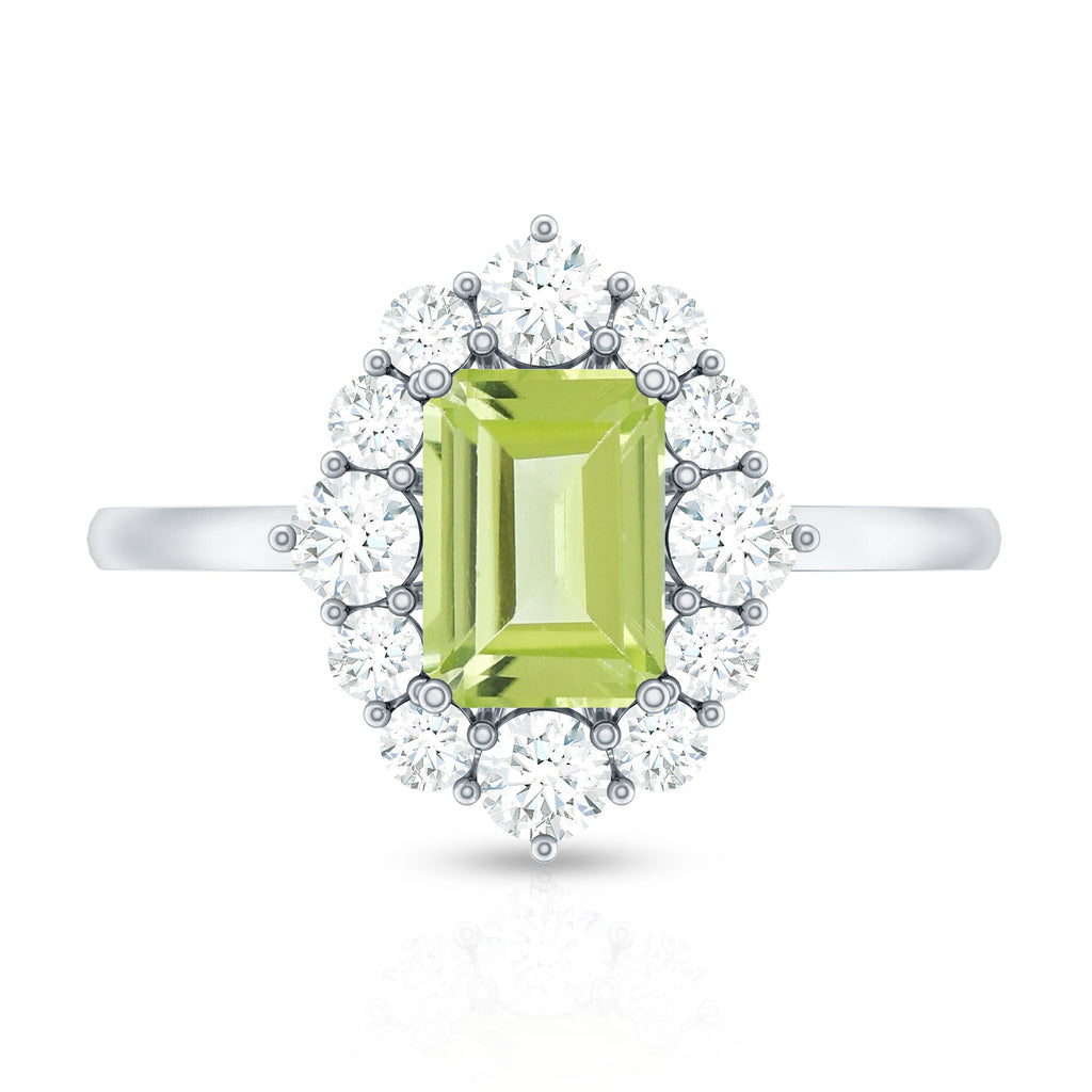 Natural 1.8 Carat Peridot Emerald Cut Engagement Ring with Halo