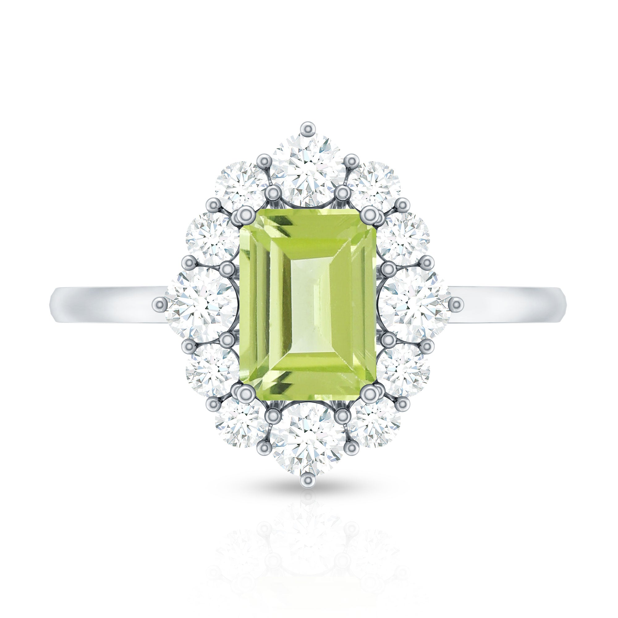 Natural 1.8 Carat Peridot Emerald Cut Engagement Ring with Halo