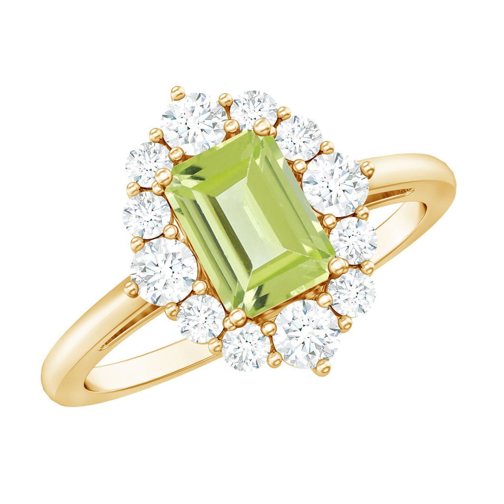Natural 1.8 Carat Peridot Emerald Cut Engagement Ring with Halo