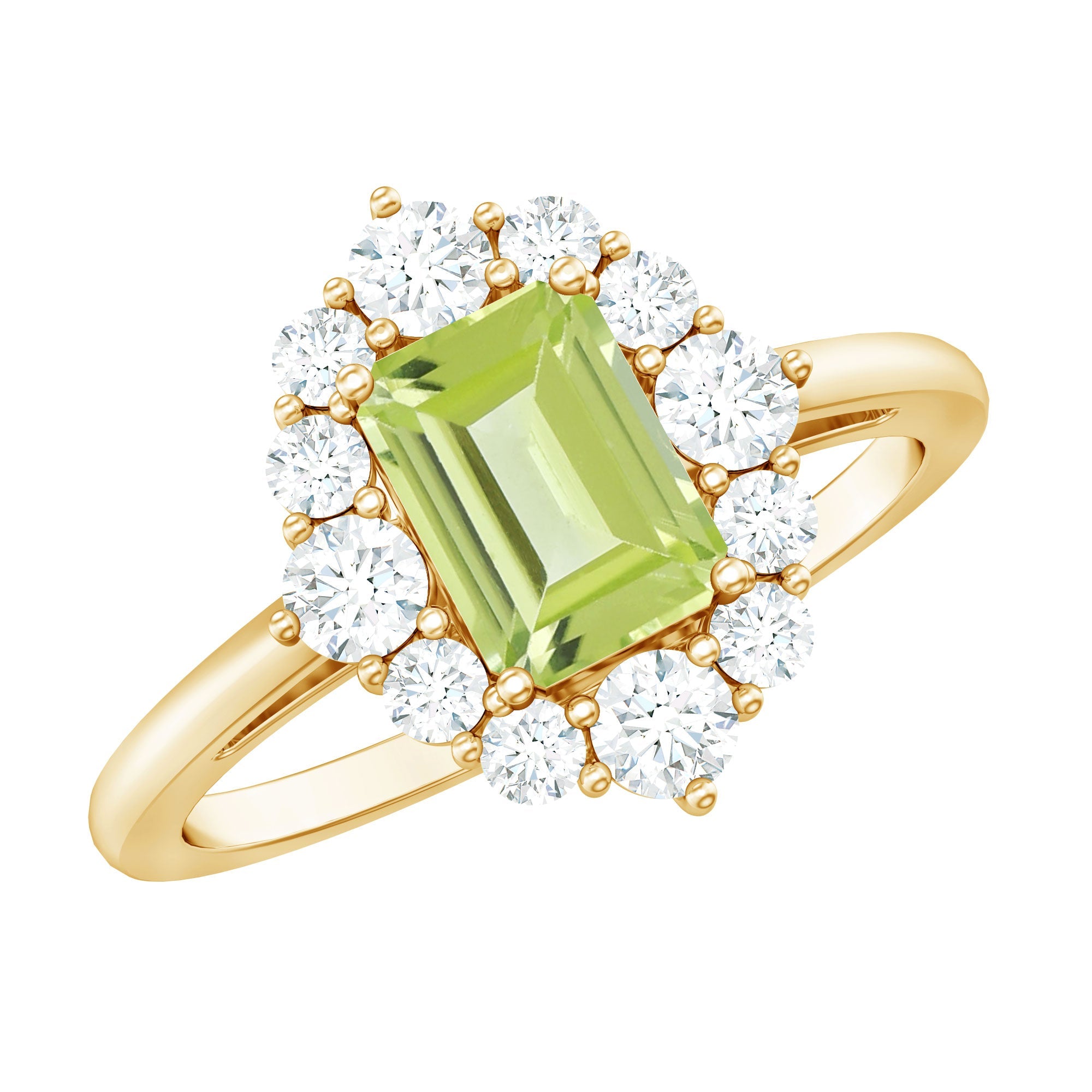 Natural 1.8 Carat Peridot Emerald Cut Engagement Ring with Halo