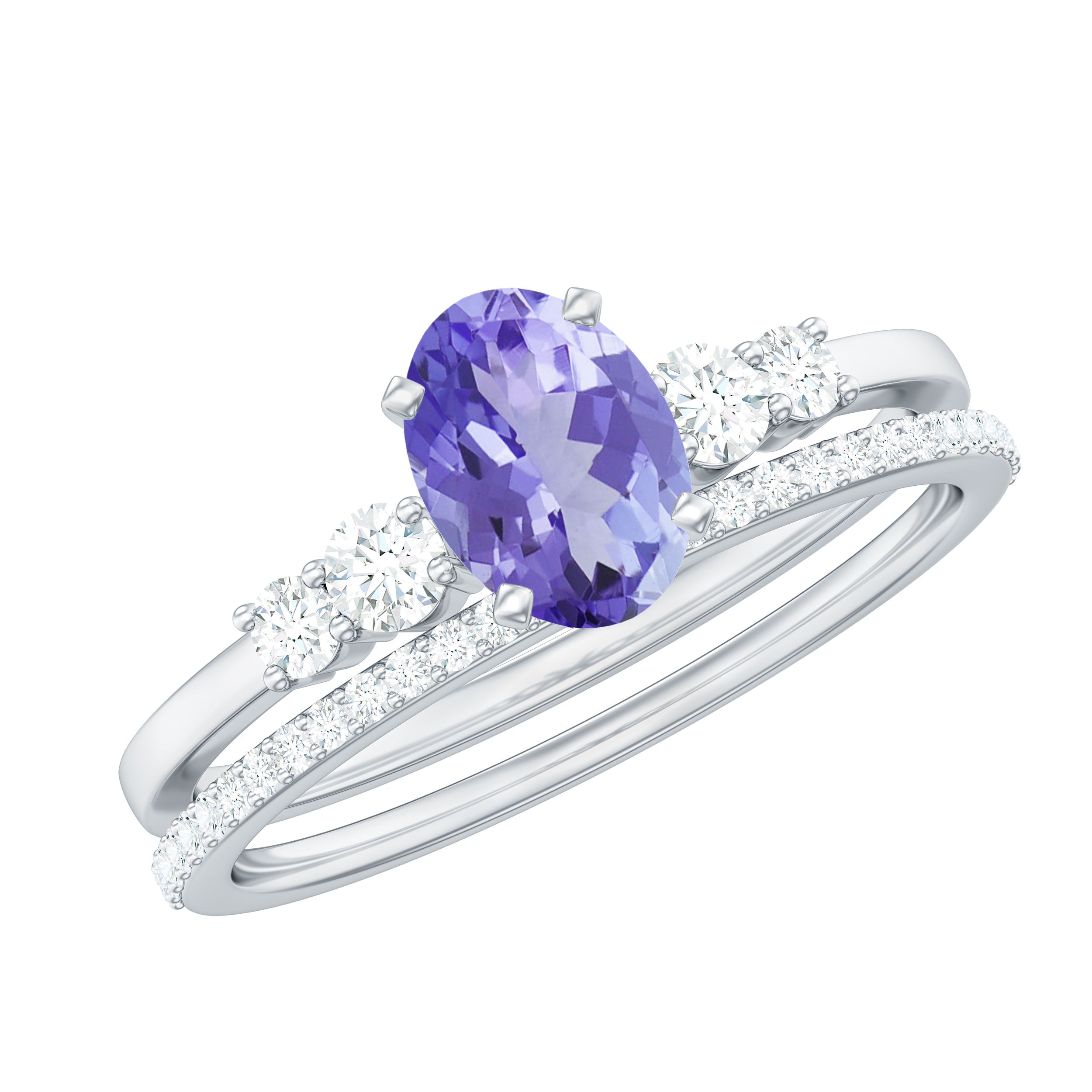 Natural 0.9 Carat Tanzanite and Diamond Oval Engagement Ring with Wedding Band